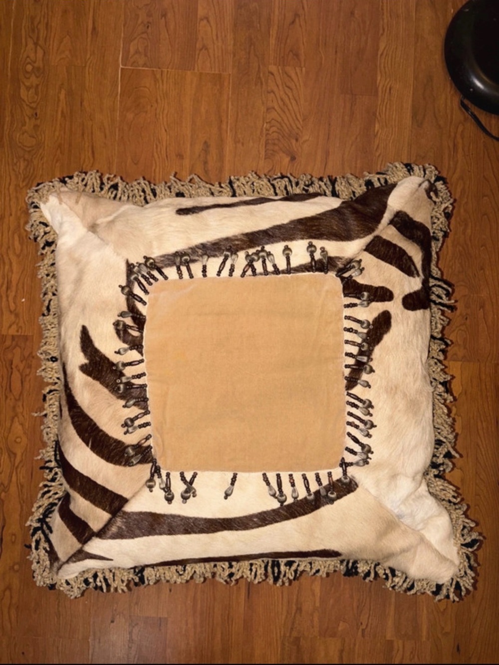 Oversized Zebra Hair on Hide Pillow Beaded Fringe 26” Western Safari Decor